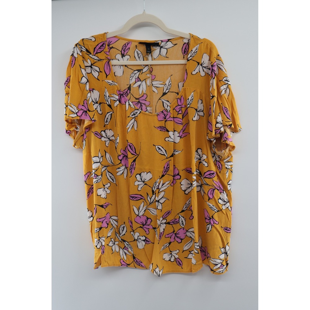 Lane Bryant Floral Blouse‎ 22 Mustard Yellow Flutter Sleeve Summer Top